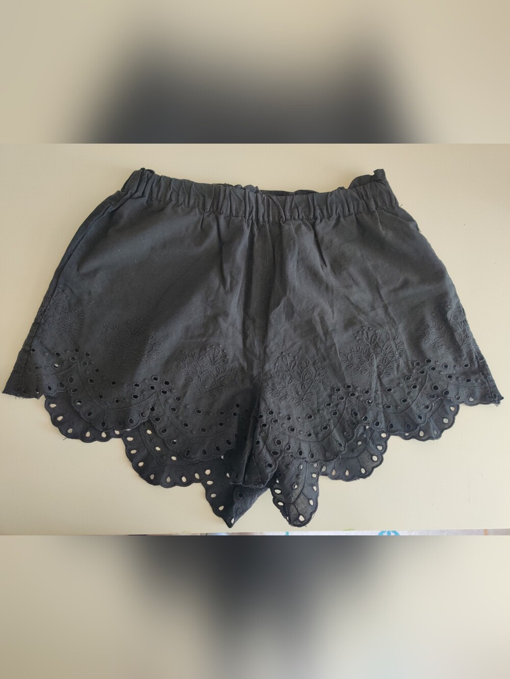 H&M Black Scalloped Eyelet High-Waist Shorts
